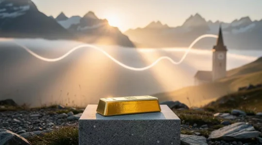 Lever de soleil sur les Alpes suisses avec des faisceaux de lumière dorée evoquant les mouvements du cours de l'or, un lingot d'or pose au premier plan