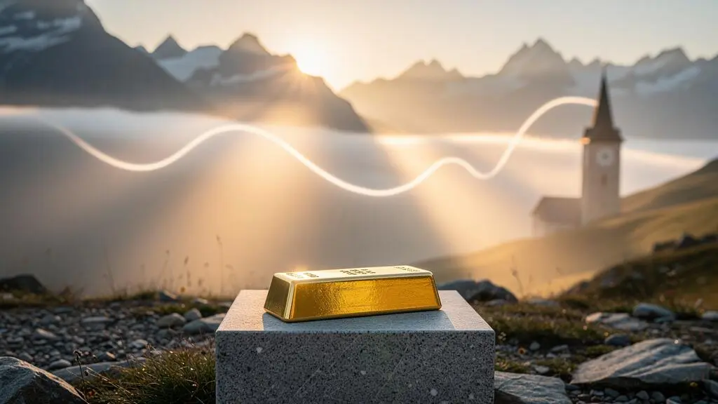 Lever de soleil sur les Alpes suisses avec des faisceaux de lumière dorée evoquant les mouvements du cours de l'or, un lingot d'or pose au premier plan