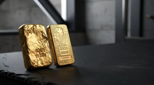 Deux lingots d'or aux finitions différentes, l'un brut et coulé, l'autre net et frappé, mis en scène côte à côte dans un décor évoquant la Suisse financière