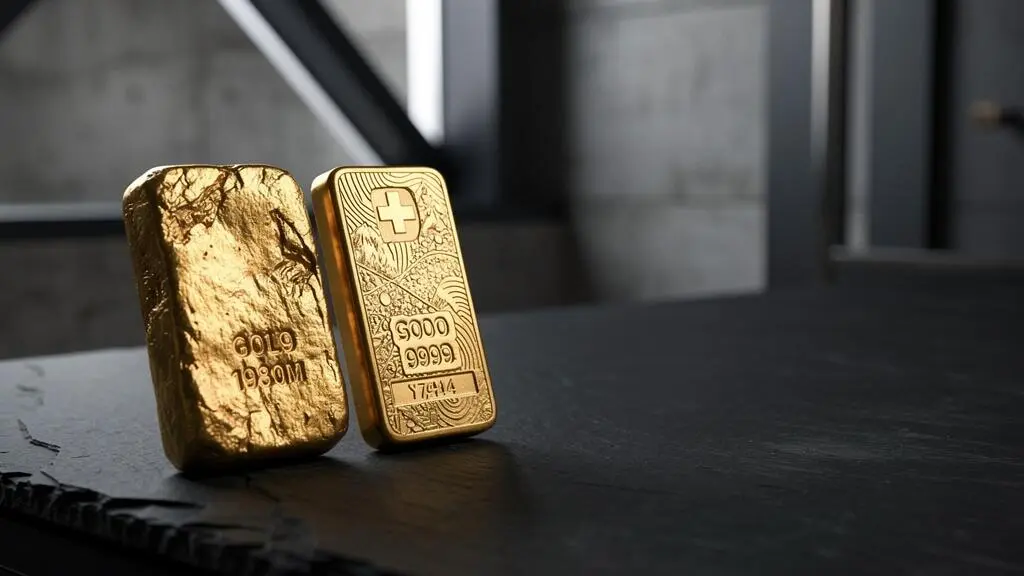 Deux lingots d'or aux finitions différentes, l'un brut et coulé, l'autre net et frappé, mis en scène côte à côte dans un décor évoquant la Suisse financière
