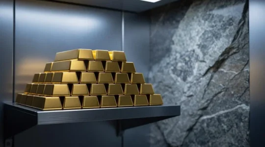 Lingots d'or empilés dans une chambre forte suisse évoquant la certification internationale et la revente mondiale