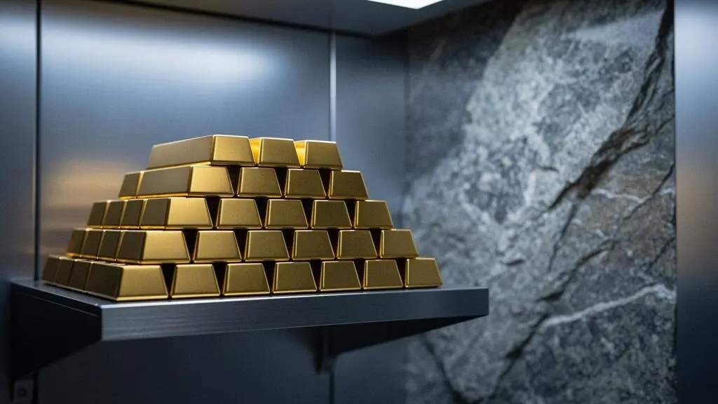 Lingots d'or empilés dans une chambre forte suisse évoquant la certification internationale et la revente mondiale