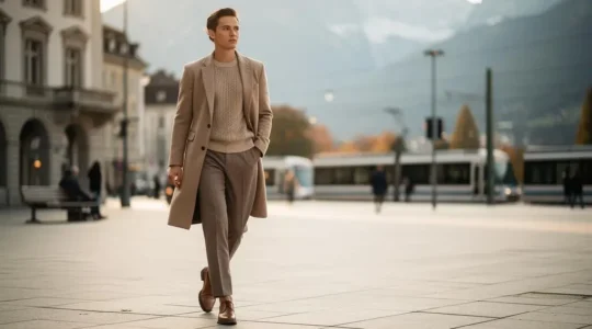 Une personne élégante en Suisse porte une tenue éthique raffinée, loin des clichés du style militant, dans un cadre urbain épuré.