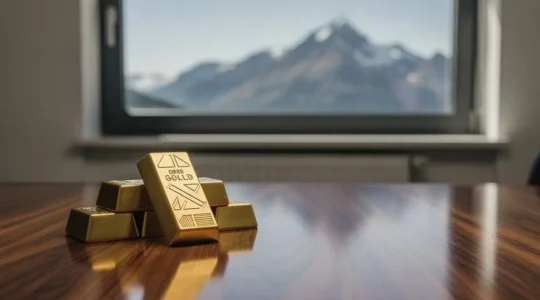 Lingots d'or disposés sur un bureau en bois evoquant l'univers bancaire suisse, avec vue subtile sur un paysage alpin en arriere-plan