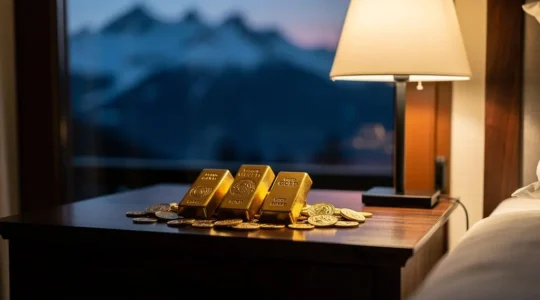Lingots et pieces d'or suisses reposant sereinement dans une ambiance nocturne calme, symbole de tranquillite financiere