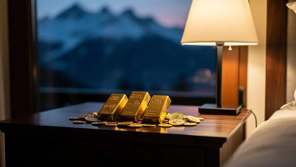 Lingots et pieces d'or suisses reposant sereinement dans une ambiance nocturne calme, symbole de tranquillite financiere