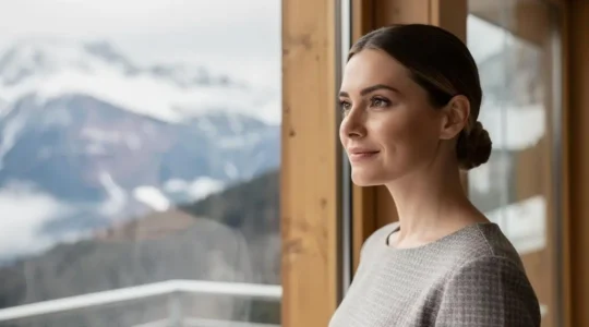 Femme de profil face à une baie vitrée avec vue sur les Alpes suisses enneigées sous un ciel nuageux, symbolisant une exposition UV invisible en hiver