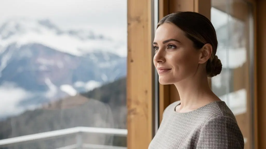 Femme de profil face à une baie vitrée avec vue sur les Alpes suisses enneigées sous un ciel nuageux, symbolisant une exposition UV invisible en hiver