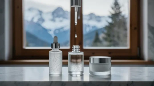 Flacons de soins visage haut de gamme disposés avec precision sur un plan de marbre, evoquant la rigueur suisse