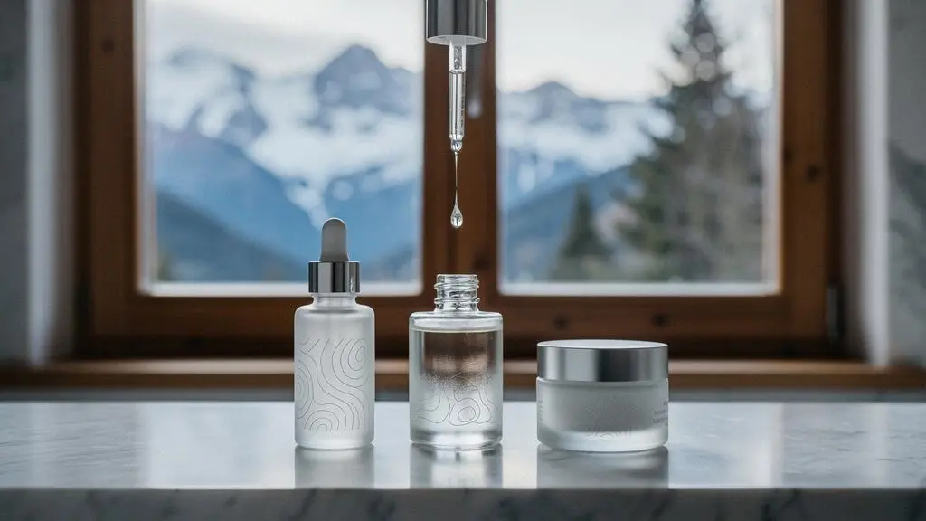 Flacons de soins visage haut de gamme disposés avec precision sur un plan de marbre, evoquant la rigueur suisse
